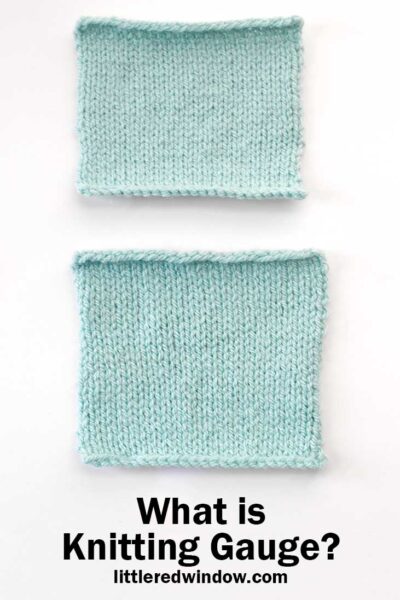 two light blue squares of knitting on a white background with the words what is knitting gauge below in black