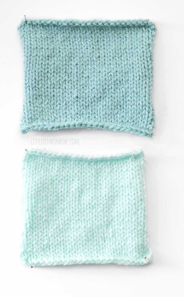 two squares of knitting a larger one in worsted weight yarn in a medium teal color and a smaller one below in dk weight yarn and lighter teal color on a white background