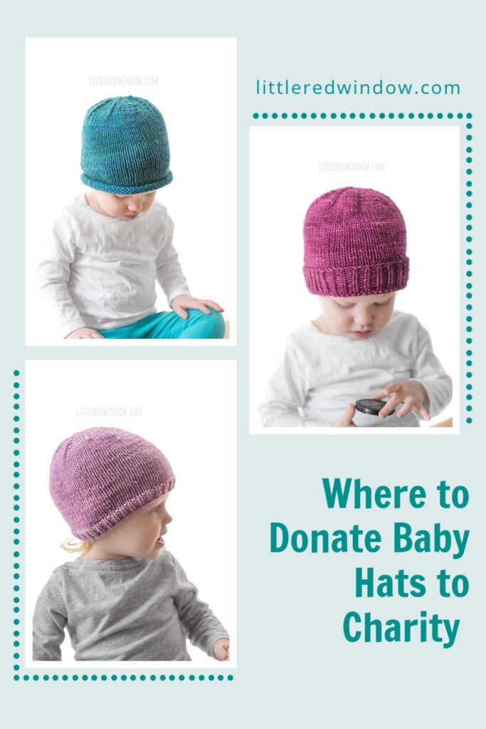 Collage of three images showing a baby wearing different colored knitted hats: teal, pink, and purple. Text on the right reads,