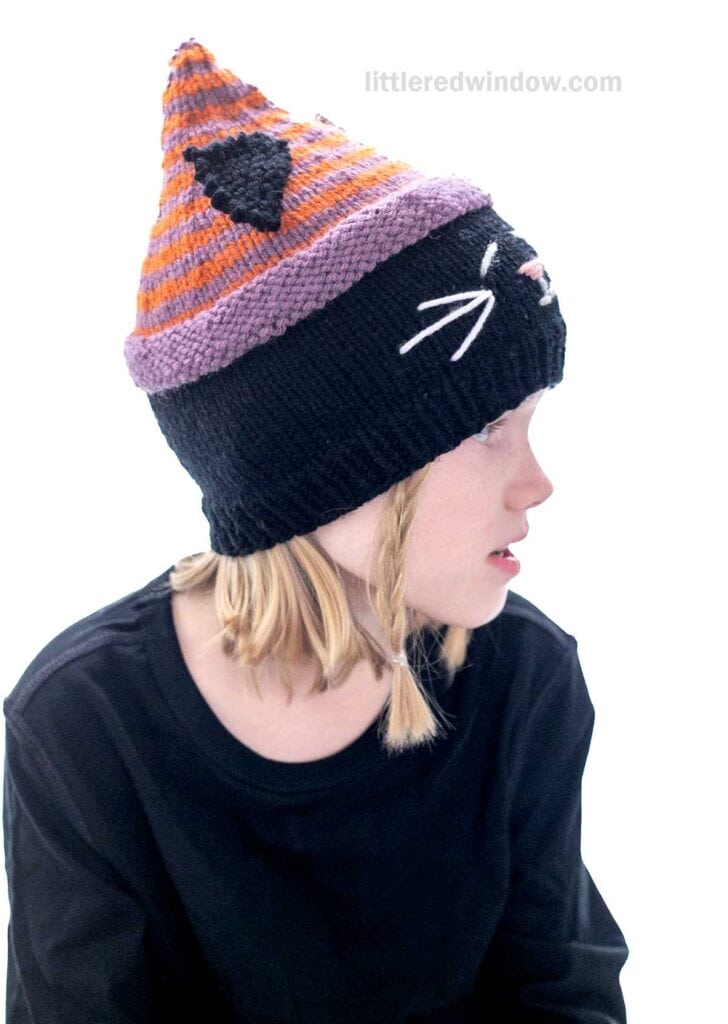 A child wearing a knit hat designed to resemble a cat head, with orange and purple stripes on the peaked top, black around the middle, and cat face features including ears, eyes, and whiskers. The child has braided hair and is dressed in a black shirt.